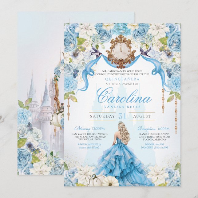 Blue Guld Cinderella Quinceanera Luxury Birthday Inbjudningar (Fram/baksida)