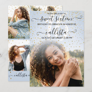 Blue Guld Confetti Photo Collage Sweet 16 Inbjudningar