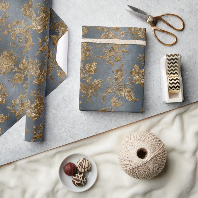 Blue & Guld Damask Faux Velvet Helgdag Presentpapper (Hantverk)