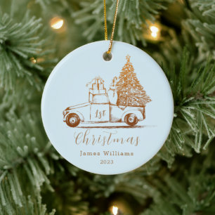 Blue Guld Elegant Photo Baby Första jul Julgransprydnad Keramik
