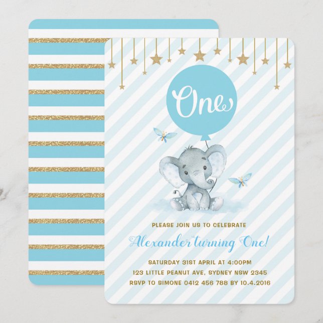 Blue Guld Elephant 1st First Birthday Twinkle Star Inbjudningar (Fram/baksida)