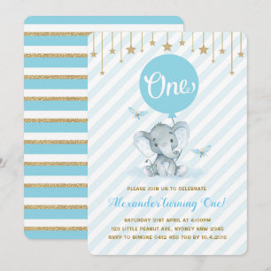 Blue Guld Elephant 1st First Birthday Twinkle Star Inbjudningar