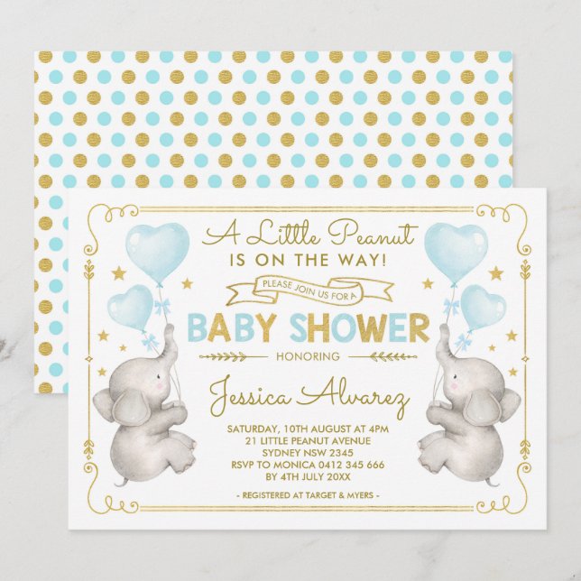 Blue Guld Elephant Baby Shower Boy Jungle Inbjudan (Fram/baksida)
