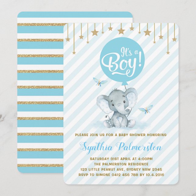 Blue Guld Elephant Baby Shower Twinkle Star Inbjud Inbjudningar (Fram/baksida)
