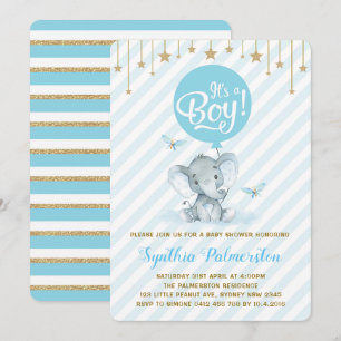 Blue Guld Elephant Baby Shower Twinkle Star Inbjud Inbjudningar