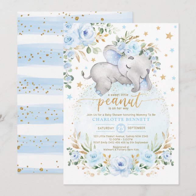 Blue Guld Elephant Blommigt Måne Stars Baby Shower Inbjudningar (Fram/baksida)