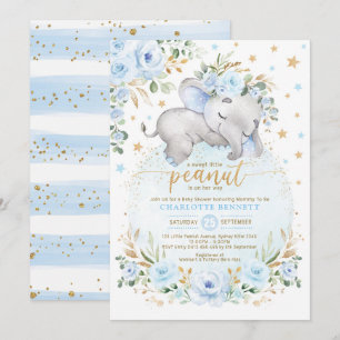 Blue Guld Elephant Blommigt Måne Stars Baby Shower Inbjudningar