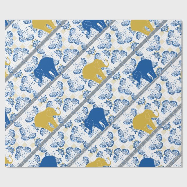 Blue Guld Elephant Blommigt Safari Jungle Mönster Presentpapper (Platt)