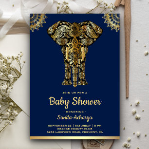 Blue Guld Elephant Indian Baby Shower Inbjudningar
