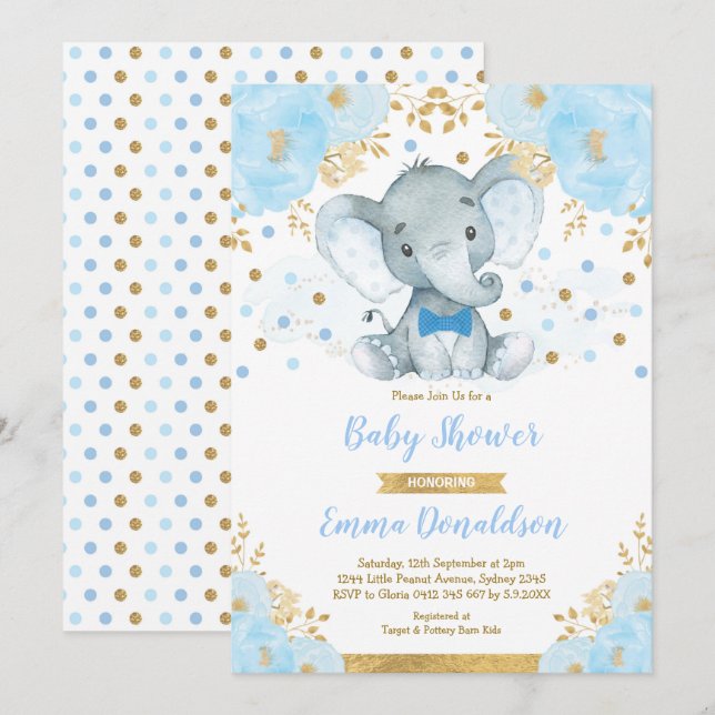 Blue Guld Elephant Little Man Baby Shower Inbjudningar (Fram/baksida)