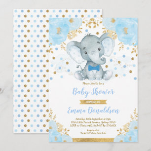 Blue Guld Elephant Little Man Baby Shower Inbjudningar