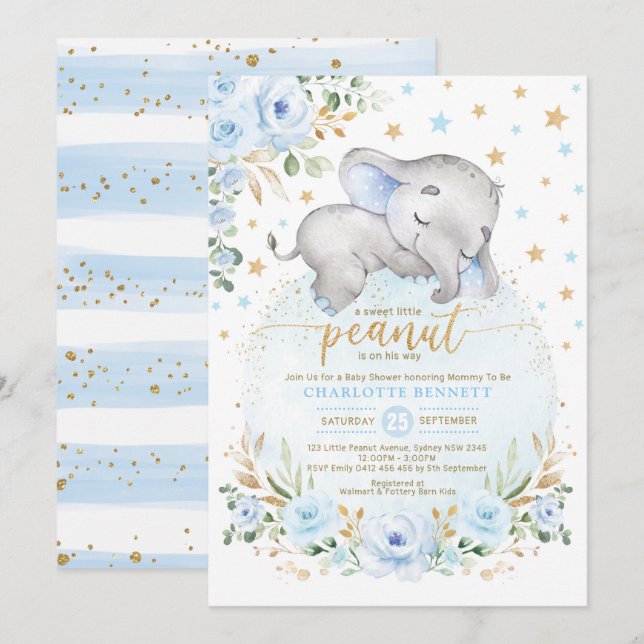 Blue Guld Elephant Måne Stars Boy Shower Inbjudningar (Fram/baksida)