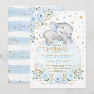 Blue Guld Elephant Måne Stars Boy Shower Inbjudningar