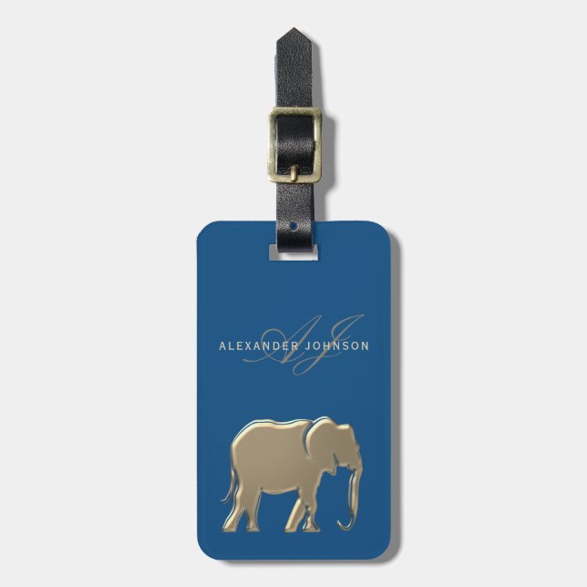 Blue Guld Elephant Monogram Bagagebricka (Vertikal Framsida)
