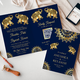 Blue Guld Ethnic Elephants Indian QR Code Bröllop Inbjudan