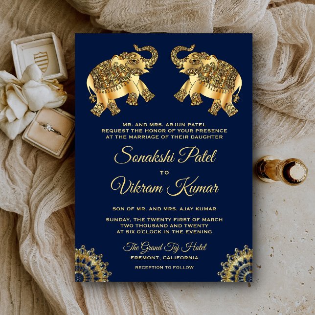Blue Guld Ethnic Elephants indisk bröllopsinbjudan Inbjudningar (Skapare uppladdad)