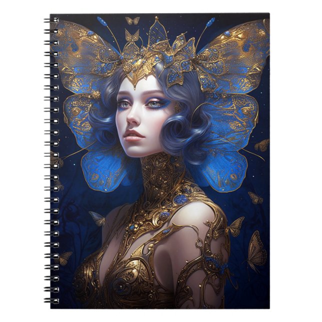 Blue Guld Fairy Fantasy Art Anteckningsbok (Framsidan)