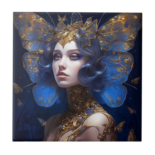 Blue Guld Fairy Fantasy Art Kakelplatta (Framsidan)