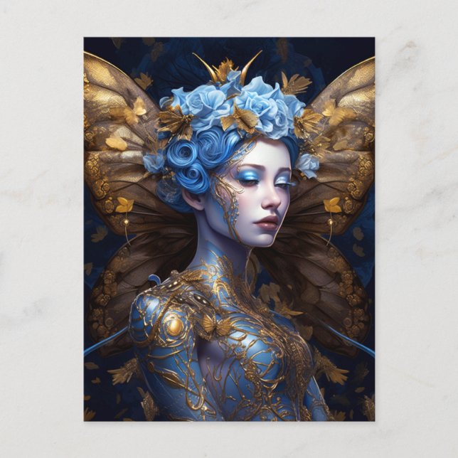 Blue Guld Fairy Fantasy Art Vykort (Framsida)