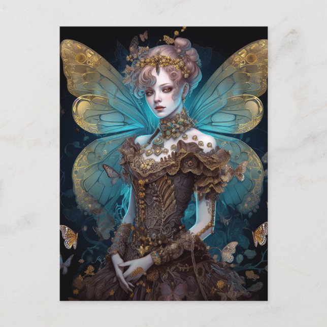 Blue Guld Fairy Fantasy Art Vykort (Framsida)