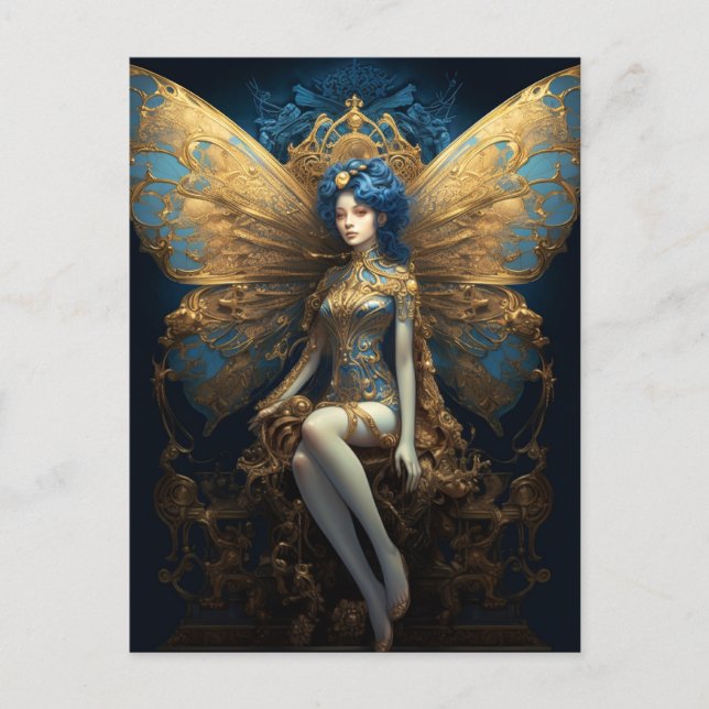 Blue Guld Fairy Fantasy Art Vykort (Framsida)