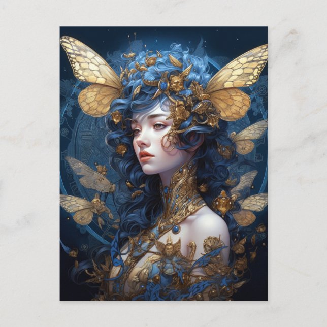Blue Guld Fairy Fantasy Art Vykort (Framsida)