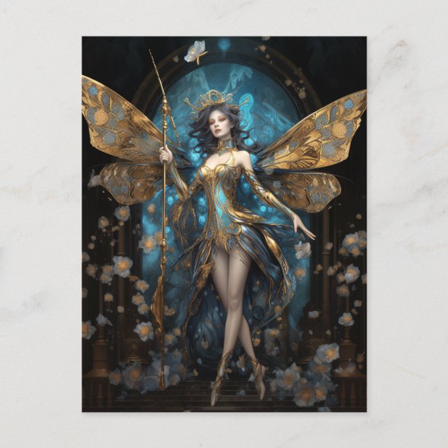 Blue Guld Fairy Fantasy Art Vykort (Framsida)