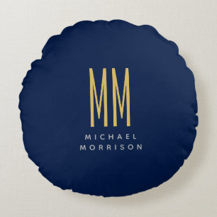 Blue Guld Färg Monogram Initial Brev Namn Rund Kudde