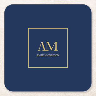 Blue Guld Färg Monogram Initial Brev Namn Underlägg Papper Kvadrat