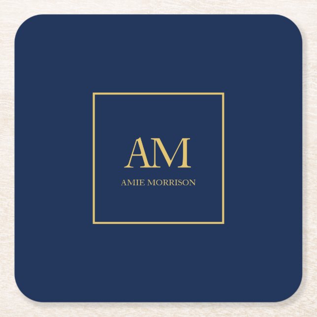 Blue Guld Färg Monogram Initial Brev Namn Underlägg Papper Kvadrat (Framsidan)