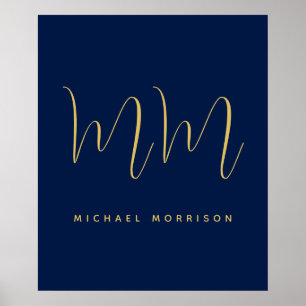 Blue Guld Färg Professionell Initial Brev Namn Poster
