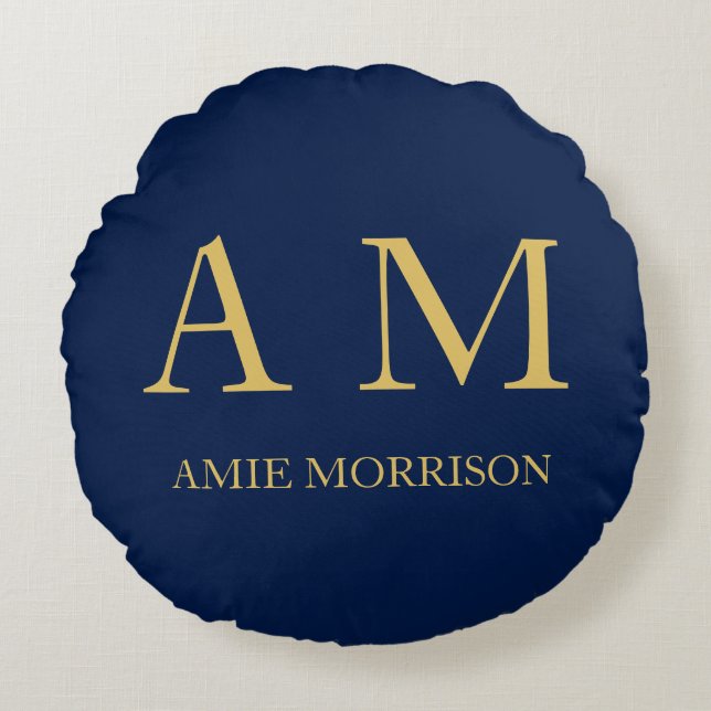 Blue Guld Färg Professionell Initial Brev Namn Rund Kudde (Framsidan)