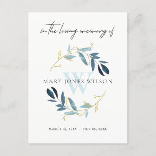 BLUE GULD FAUNA WREATH SYMPATHY MEMORIAL SERVICE INBJUDAN VYKORT