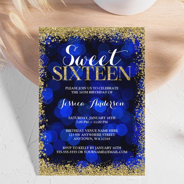 Blue Guld Faux Glitter Ljus Sweet 16 Birthday Inbjudningar (Skapare uppladdad)