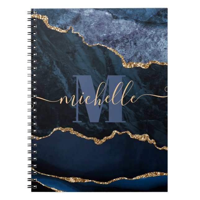 Blue & Guld Faux Glitter Marble Agate Anteckningsbok (Framsidan)