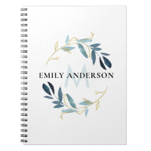 BLUE GULD FOLIAGE WATERCOLOR WREATH MONOGRAM ANTECKNINGSBOK