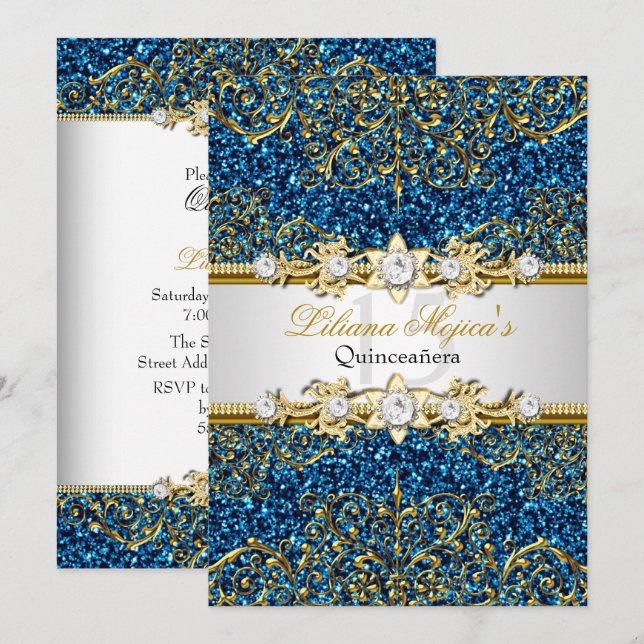 Blue Guld Glitter Damask Quinceanera Inbjudan (Fram/baksida)