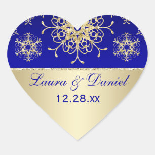Blue, Guld Glitter LOOK Snowflake Bröllop Sticker Hjärtformat Klistermärke