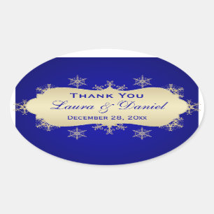 Blue, Guld Glitter LOOK Snowflake Bröllop Sticker Ovalt Klistermärke
