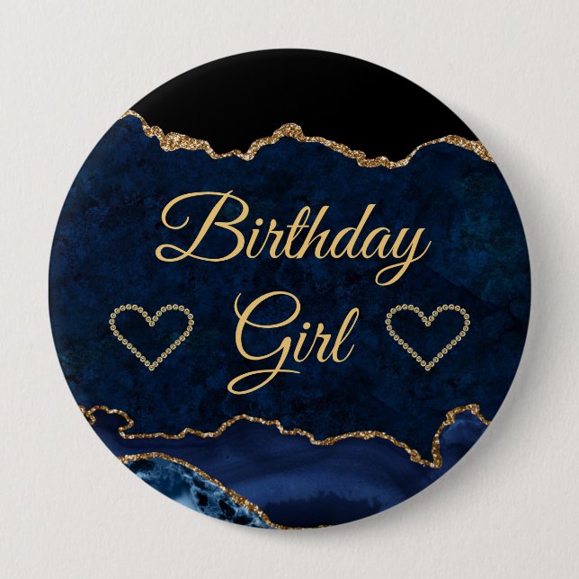 Blue & Guld Glitter Marble Agate Birthday Girl Knapp (Framsida)