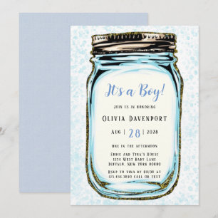 Blue Guld Glitter Mason Burk Boy Shower för barn i Inbjudningar