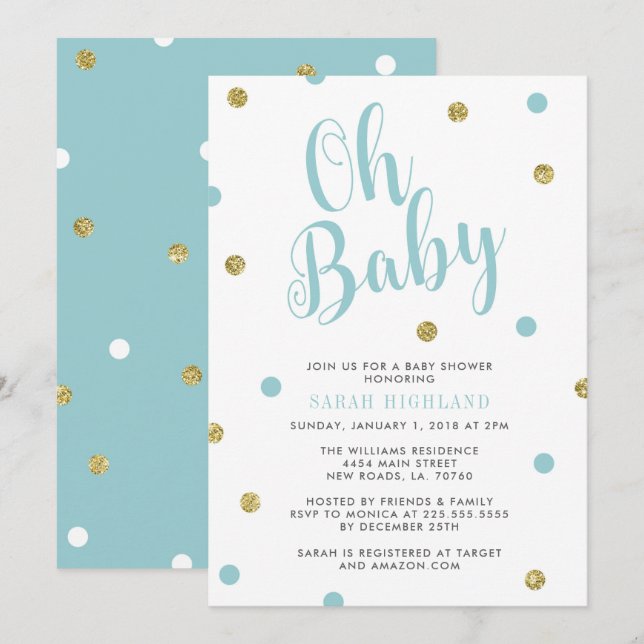 Blue & Guld Glitter Oh Baby Shower Inbjudningar (Fram/baksida)