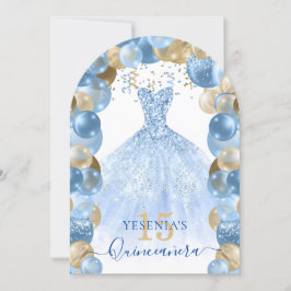 Blue Guld Gnistra Dress Quinceañera Balloon Inbjudningar
