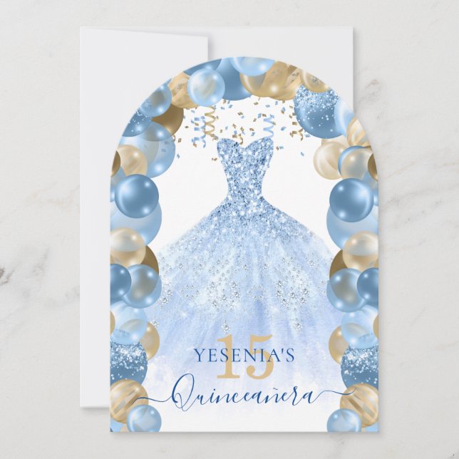 Blue Guld Gnistra Dress Quinceañera Balloon Inbjudningar (Framsida)