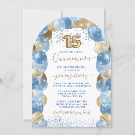 Blue Guld Gnistra Photo Quinceañera Balloon Inbjudningar