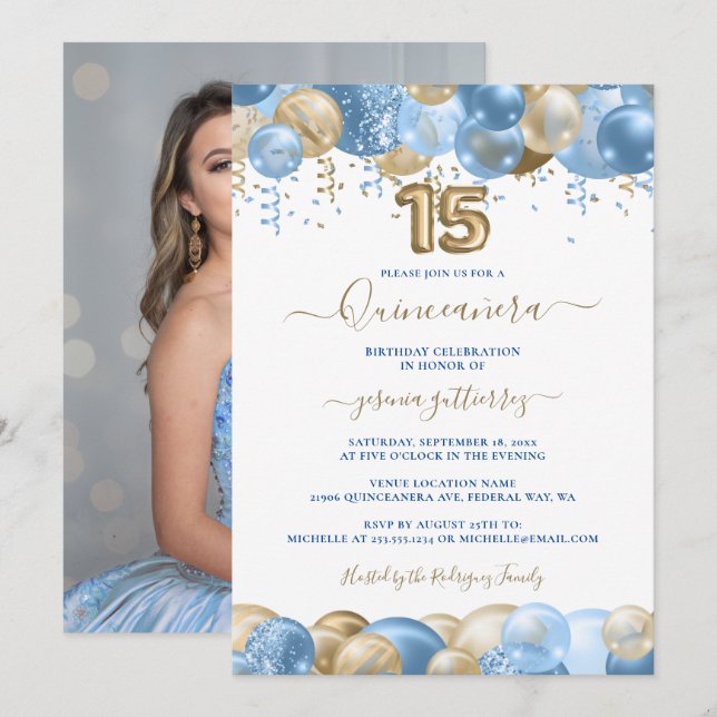 Blue Guld Gnistra Photo Quinceañera Balloon Inbjudningar (Fram/baksida)