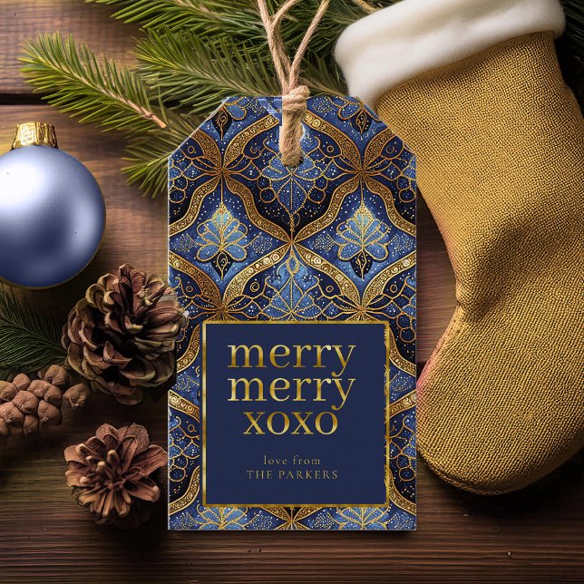 Blue Guld God jul Merry Mönster#31 ID1009 Presentetikett (Skapare uppladdad)