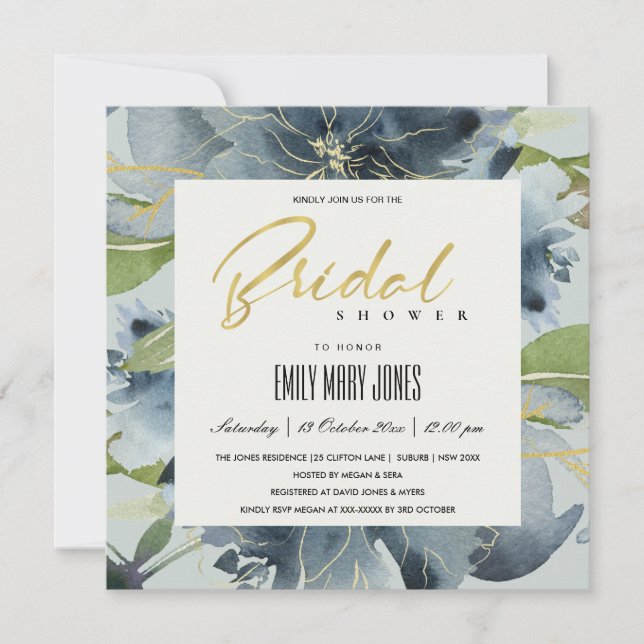 BLUE GULD GRÅTT BLOMMIGT  WATERCOLOR MÖHIPPA INBJUDNINGAR (Framsida)
