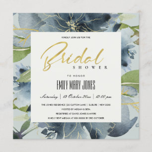 BLUE GULD GRÅTT BLOMMIGT WATERCOLOR MÖHIPPA INBJUDNINGAR