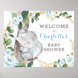 Blue Guld Greenery Elephant Vild One Baby Välkomme Poster